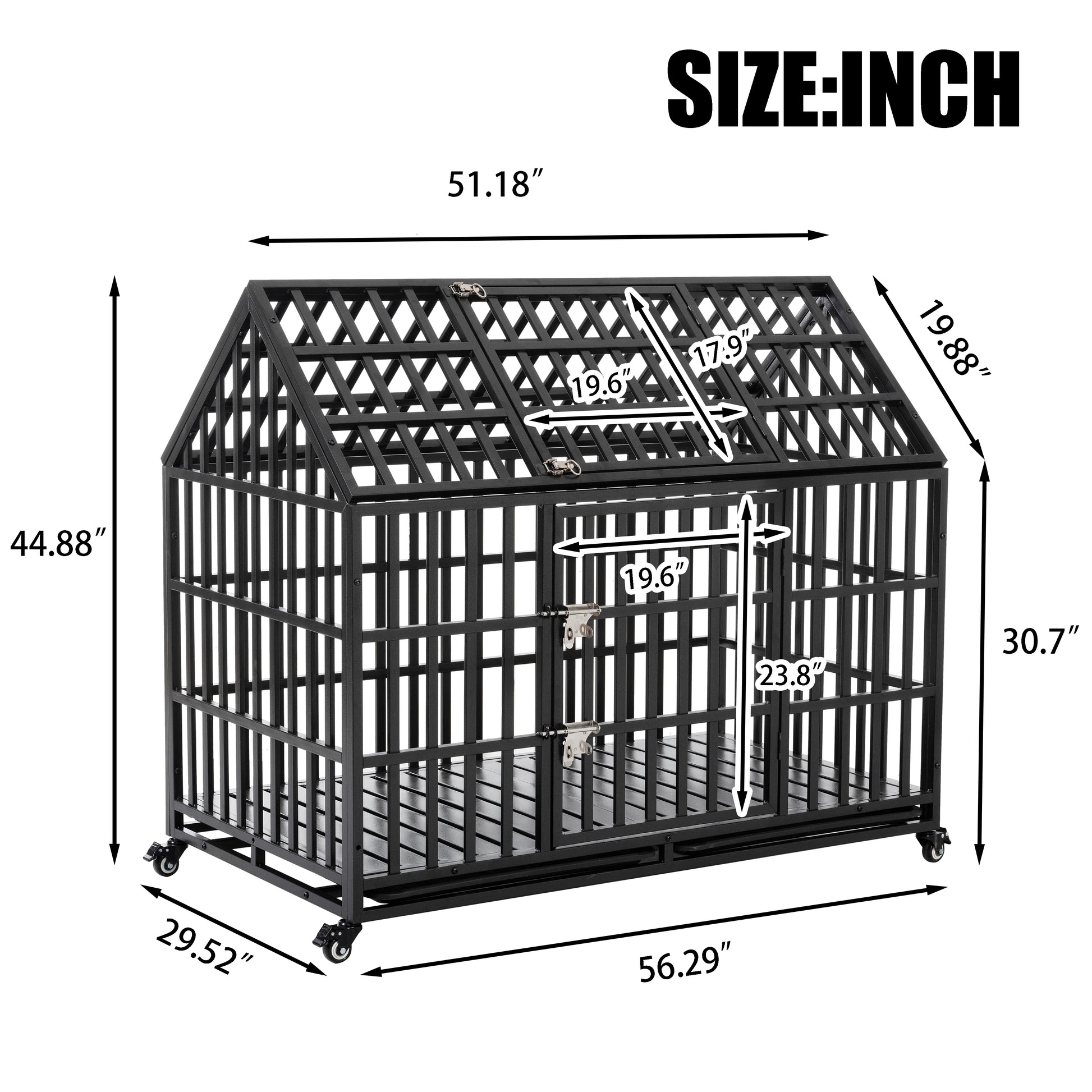 52&quot; Heavy Duty Dog Crate Large Dog cage Strong Metal Dog Kennels and Crates for Large Dogs with 4 Lockable Wheels