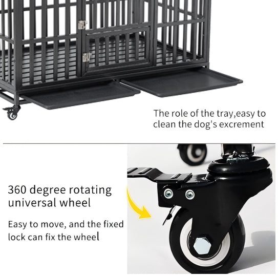 52&quot; Heavy Duty Dog Crate Large Dog cage Strong Metal Dog Kennels and Crates for Large Dogs with 4 Lockable Wheels
