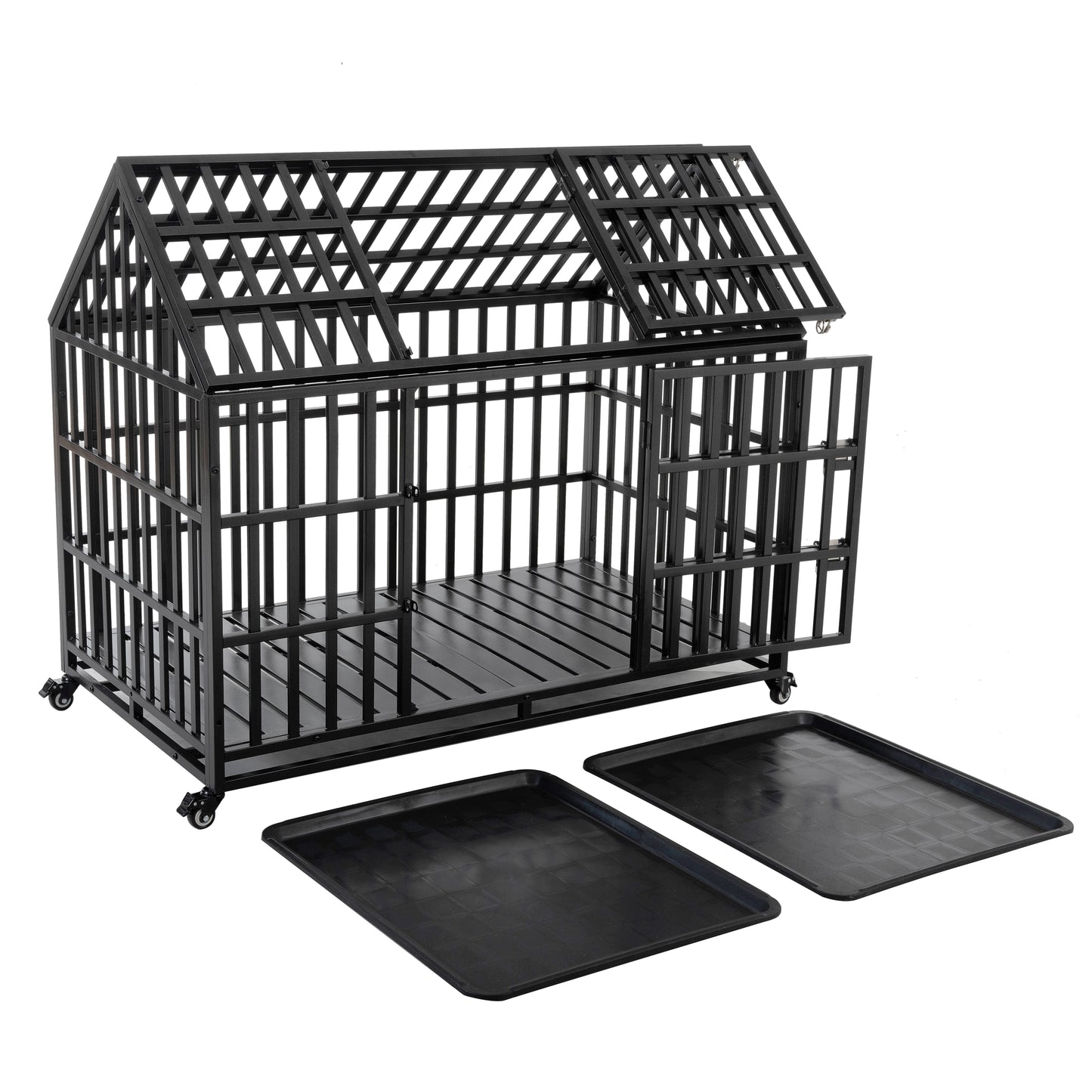 52&quot; Heavy Duty Dog Crate Large Dog cage Strong Metal Dog Kennels and Crates for Large Dogs with 4 Lockable Wheels