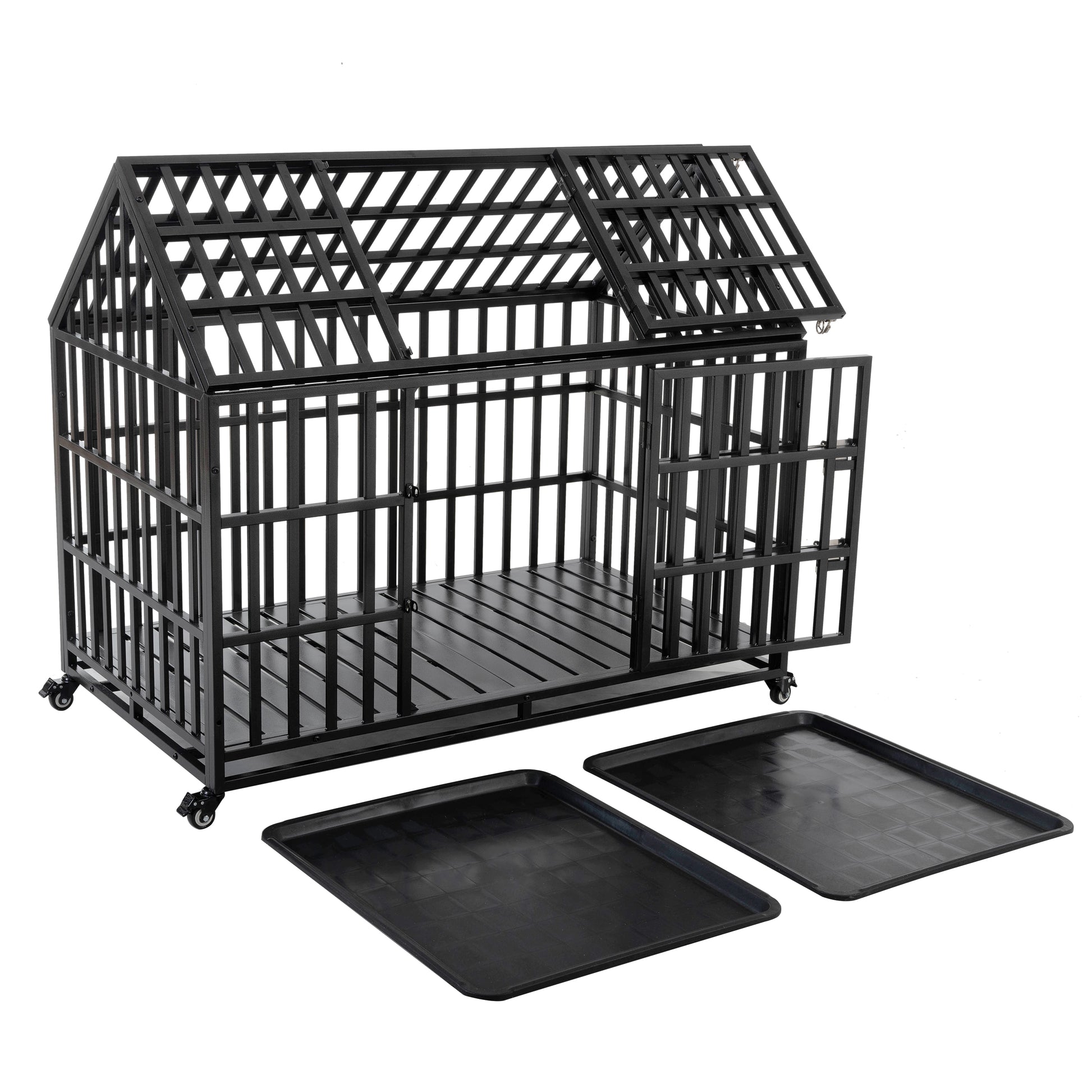 52&quot; Heavy Duty Dog Crate Large Dog cage Strong Metal Dog Kennels and Crates for Large Dogs with 4 Lockable Wheels
