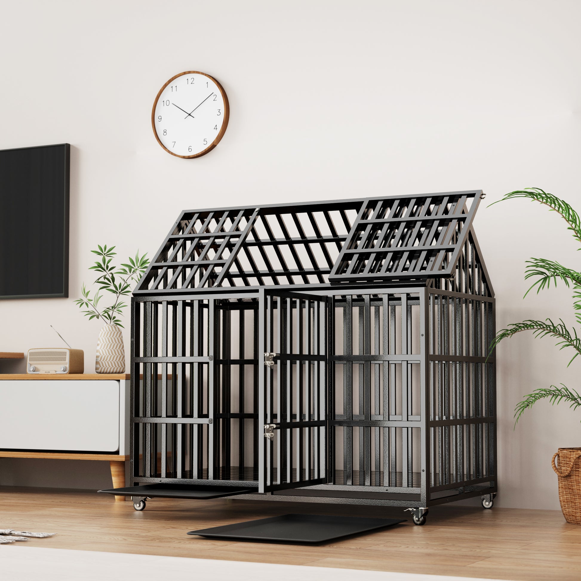 52&quot; Heavy Duty Dog Crate Large Dog cage Strong Metal Dog Kennels and Crates for Large Dogs with 4 Lockable Wheels
